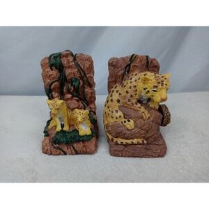 Vintage Leopard Jaguar & Cubs Musical‎ Bookends Set Safari Jungle Decor Figural
